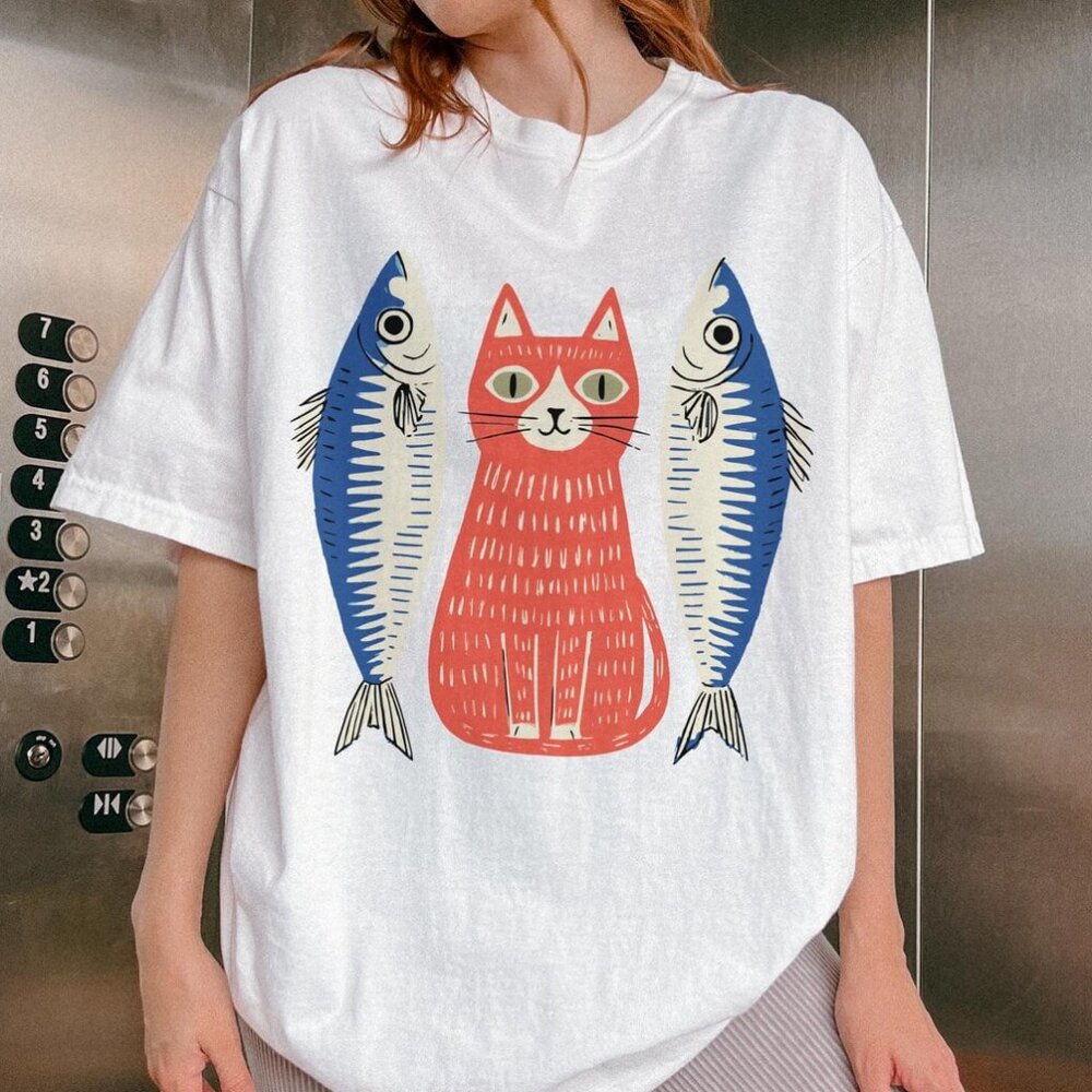 Funny Cat Fish Shirt, Gift For Cat Lover, Graphic Cat Shirt, Pet Gift